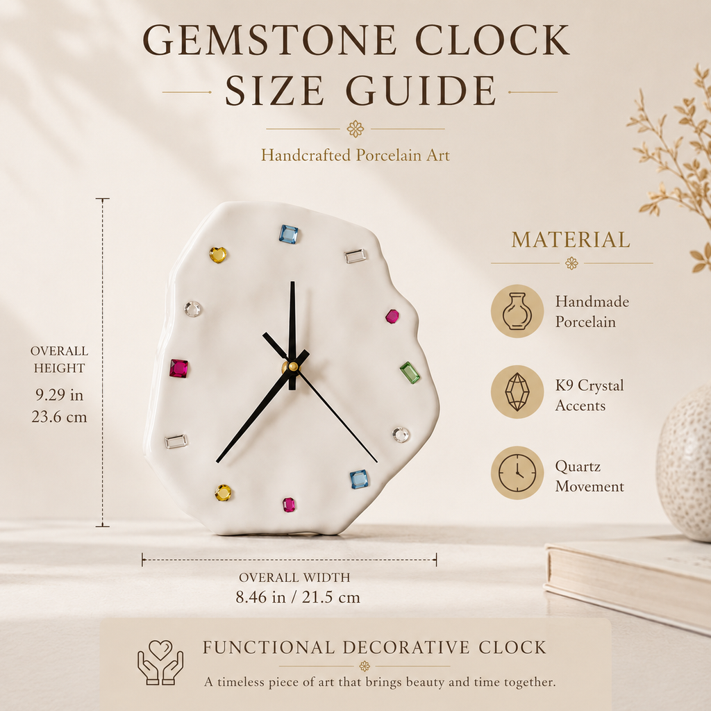 Handmade Gemstone Porcelain Clock, styled product view