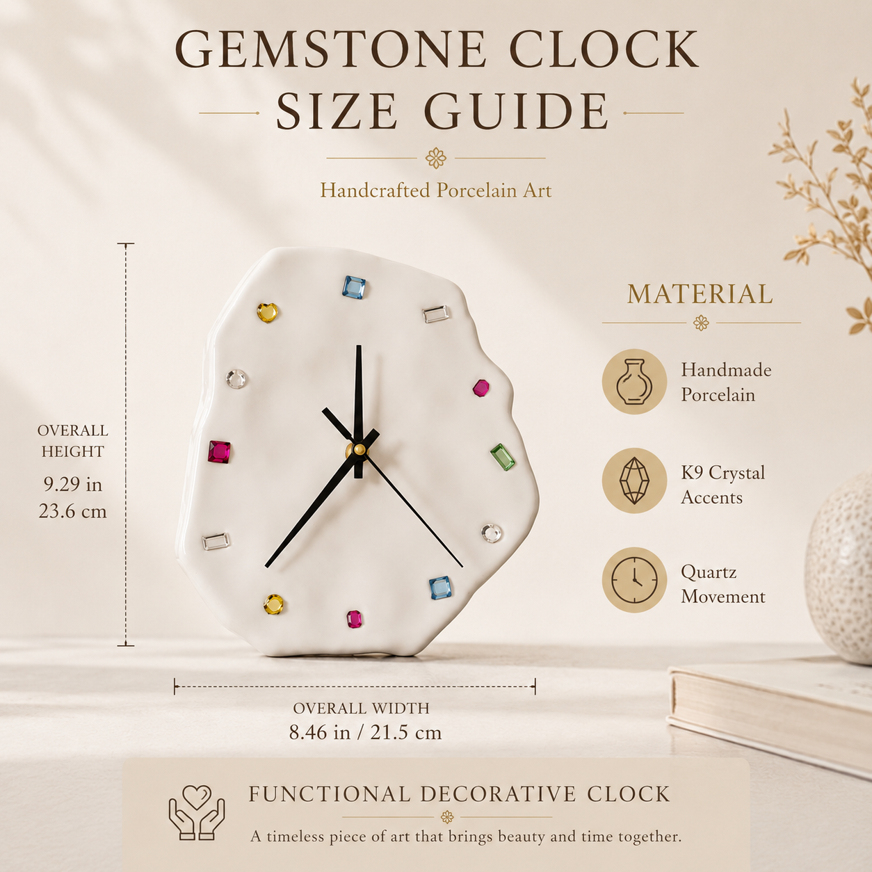 Handmade Gemstone Porcelain Clock, styled product view