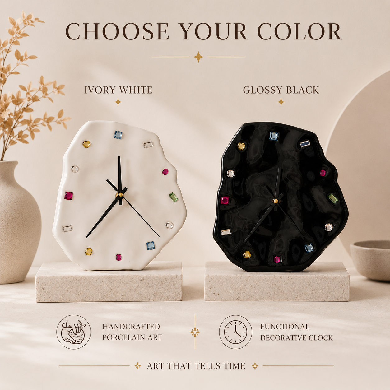 Handmade Gemstone Porcelain Clock, close-up detail