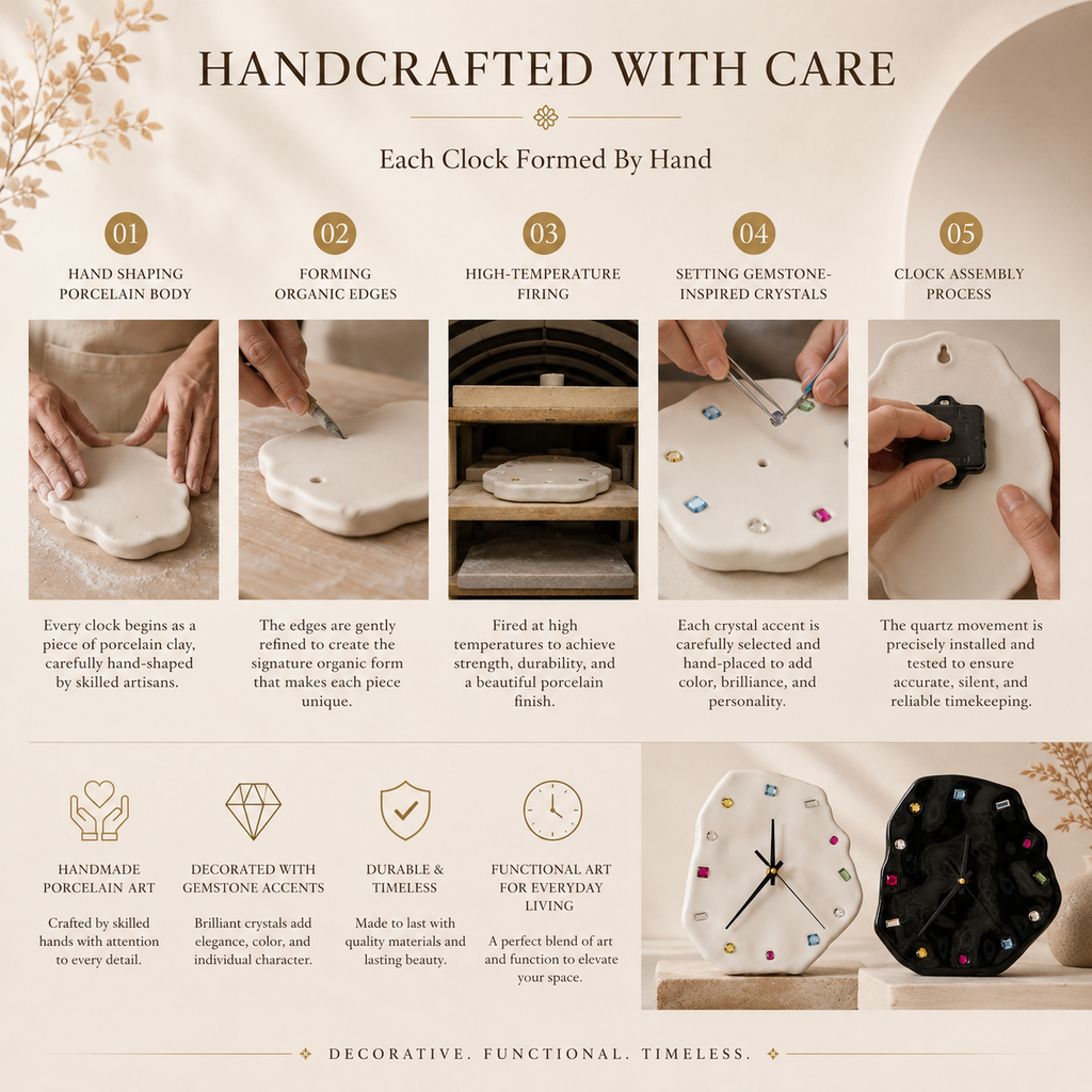 Handmade Gemstone Porcelain Clock, size and feature guide