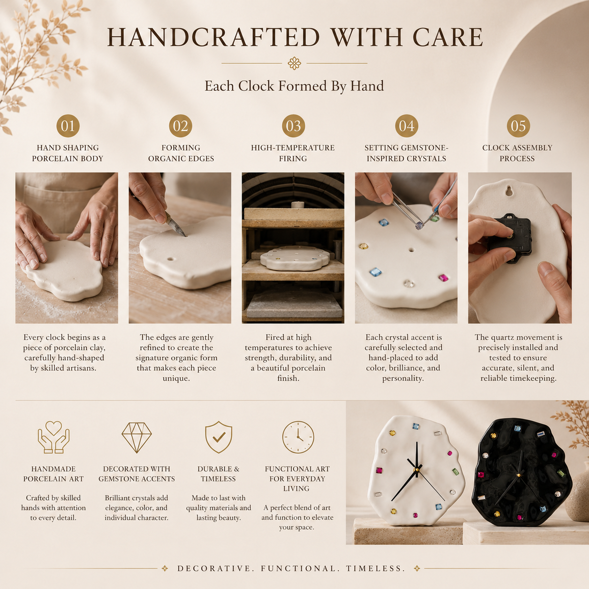 Handmade Gemstone Porcelain Clock, size and feature guide