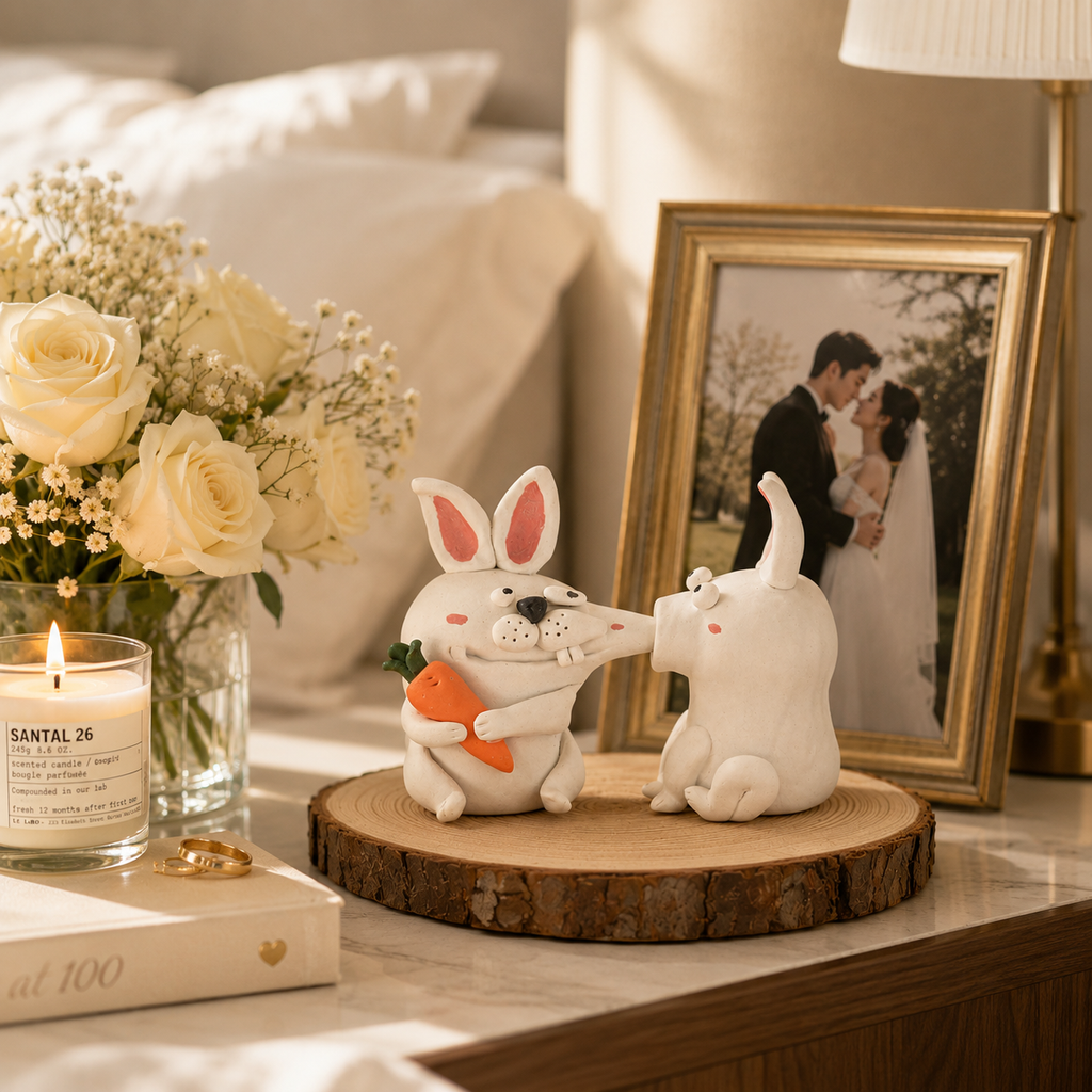Handmade Kissing Bunny Porcelain Sculpture, styled product view
