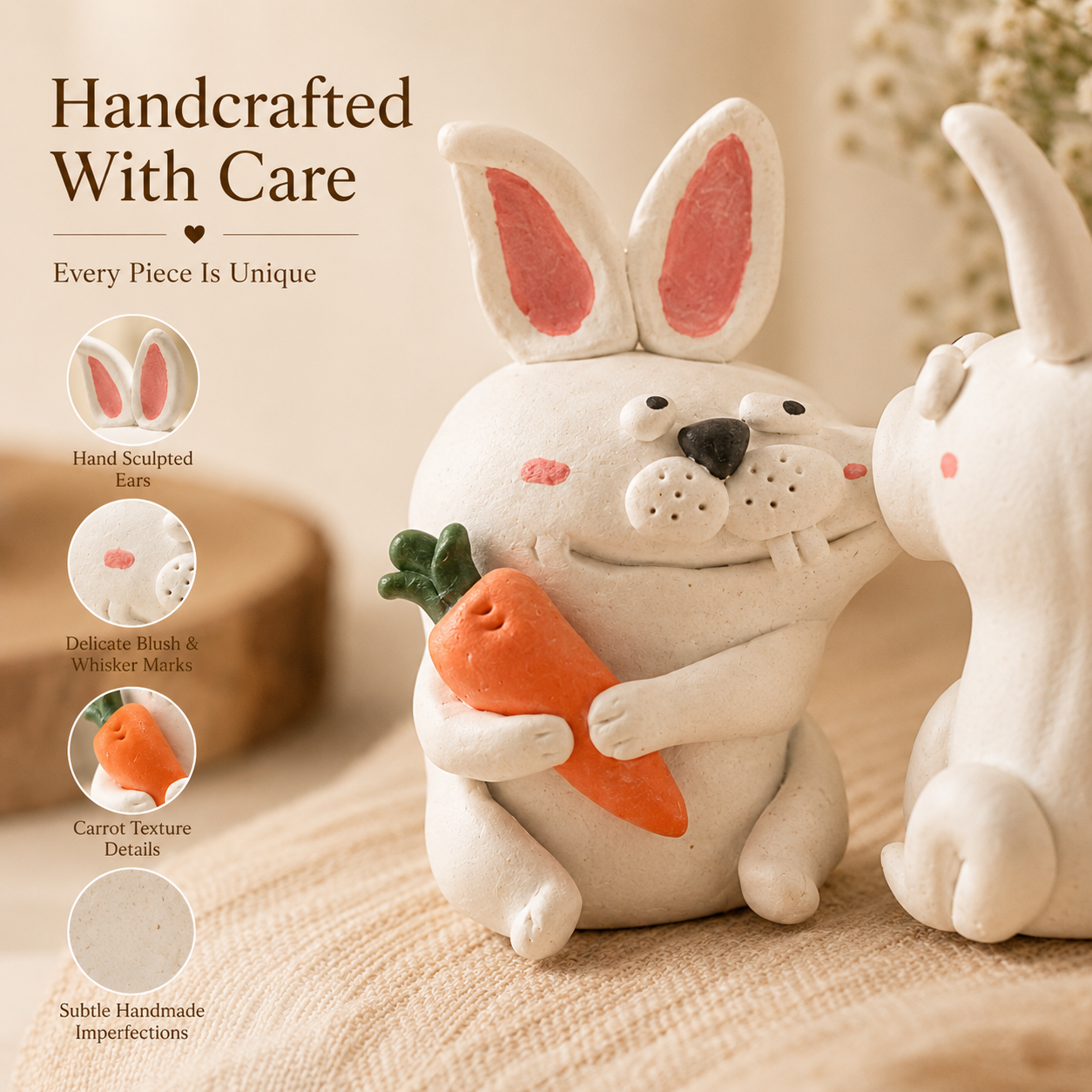 Handmade Kissing Bunny Porcelain Sculpture, lifestyle view