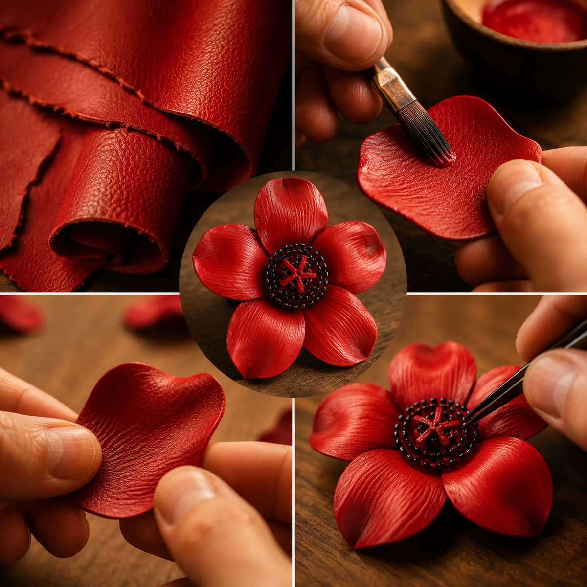 Handmade Leather Flower Brooch, close-up detail