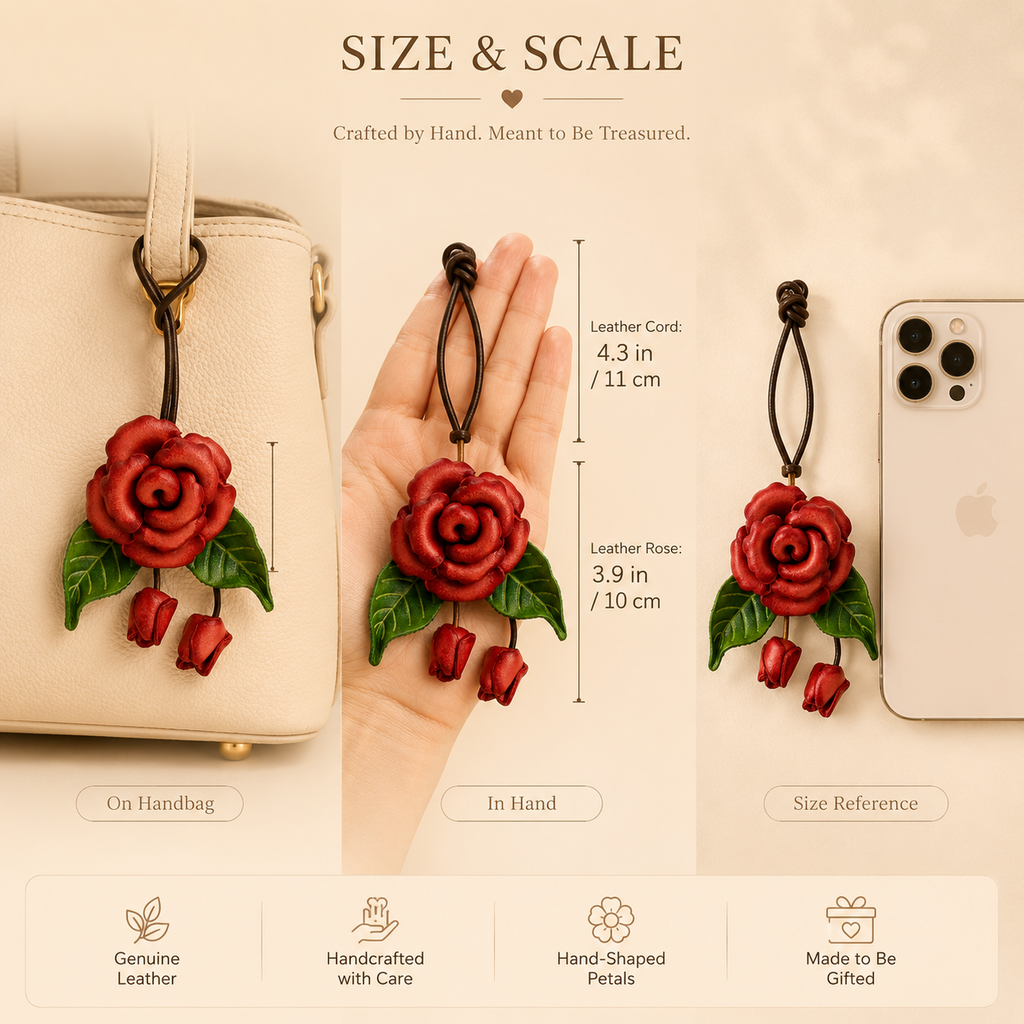 Handmade Leather Rose Bag Charm, styled product view