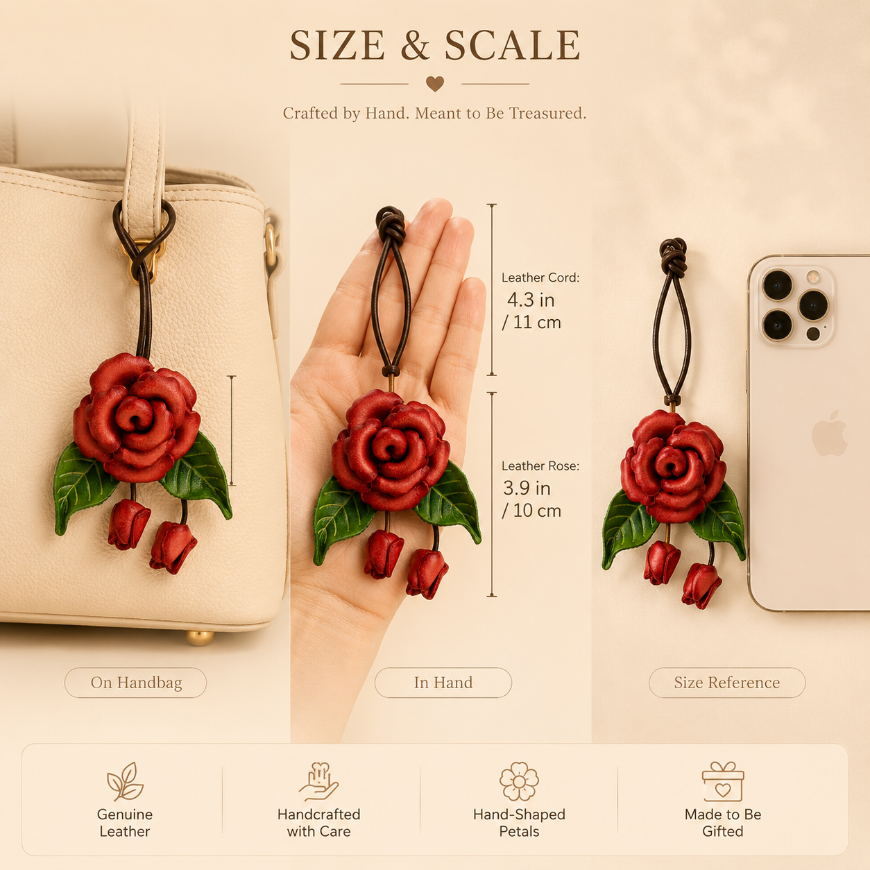 Handmade Leather Rose Bag Charm, styled product view