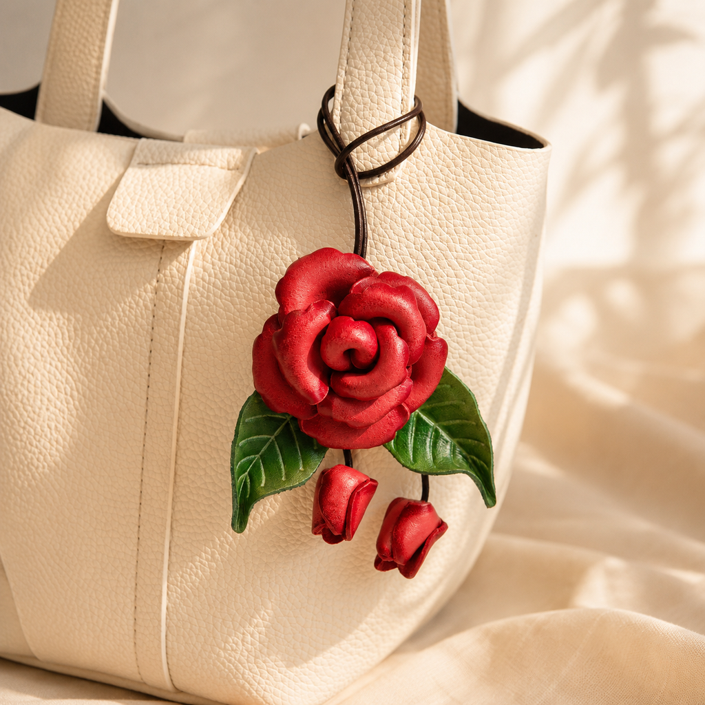 Handmade Leather Rose Bag Charm, close-up detail