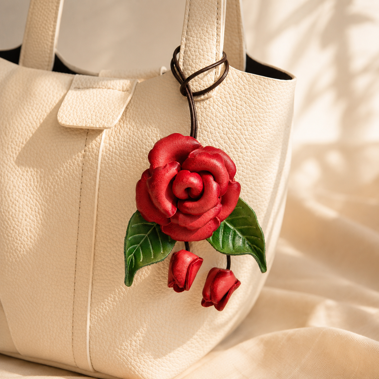 Handmade Leather Rose Bag Charm, close-up detail