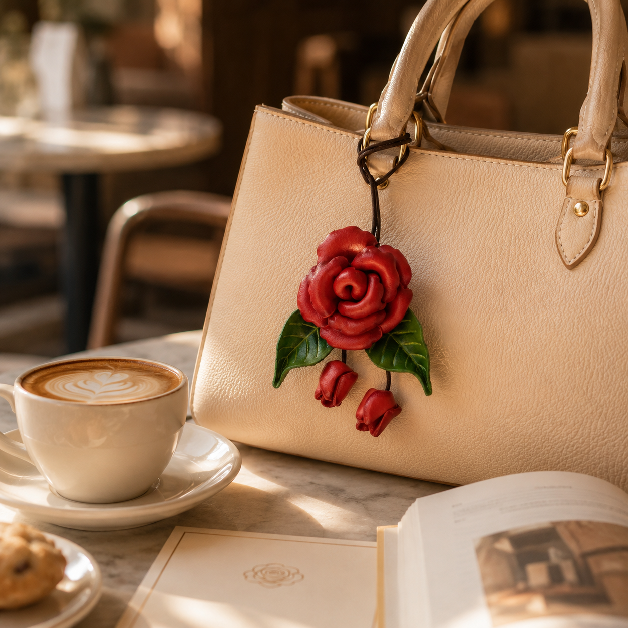 Handmade Leather Rose Bag Charm, lifestyle view