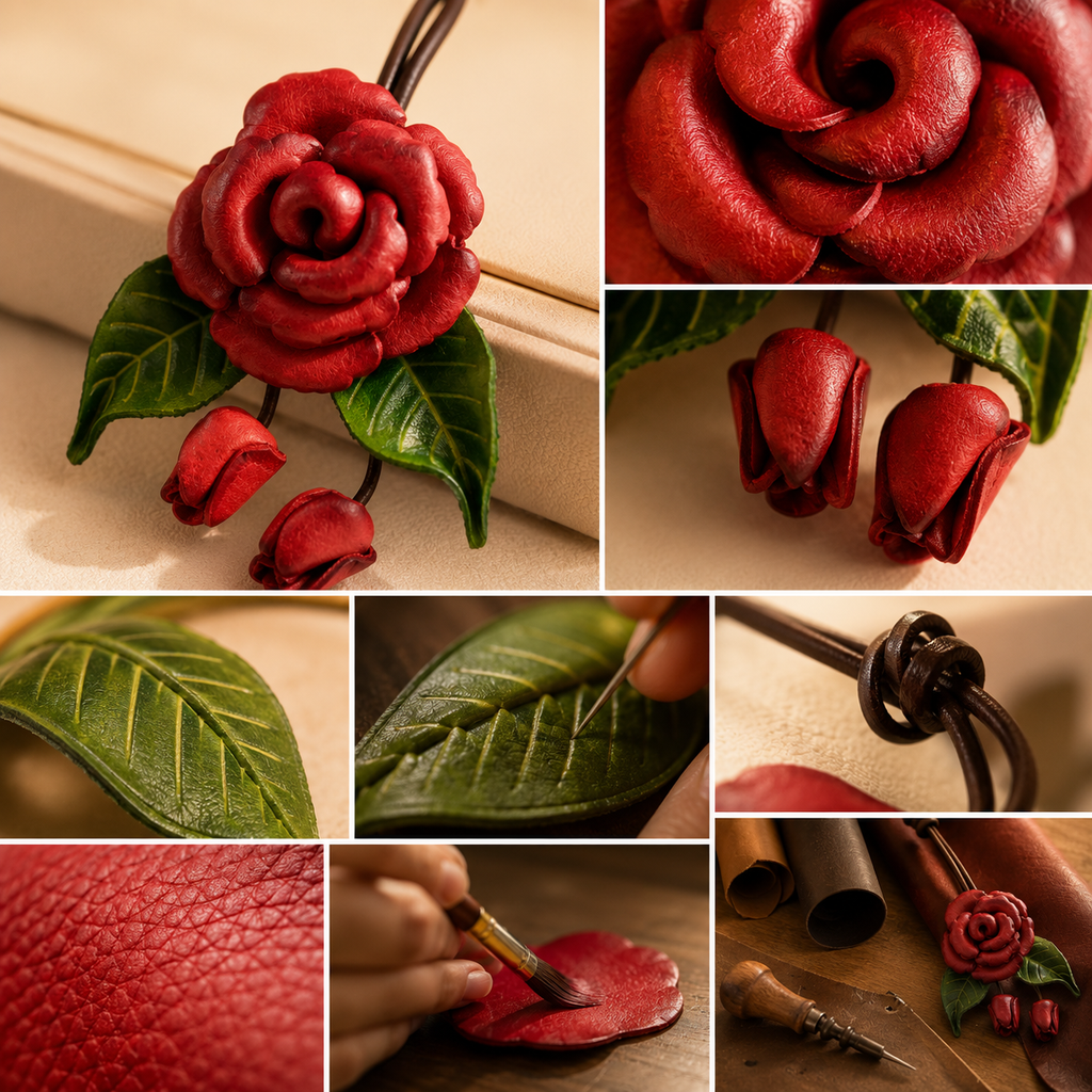 Handmade Leather Rose Bag Charm, craftsmanship details