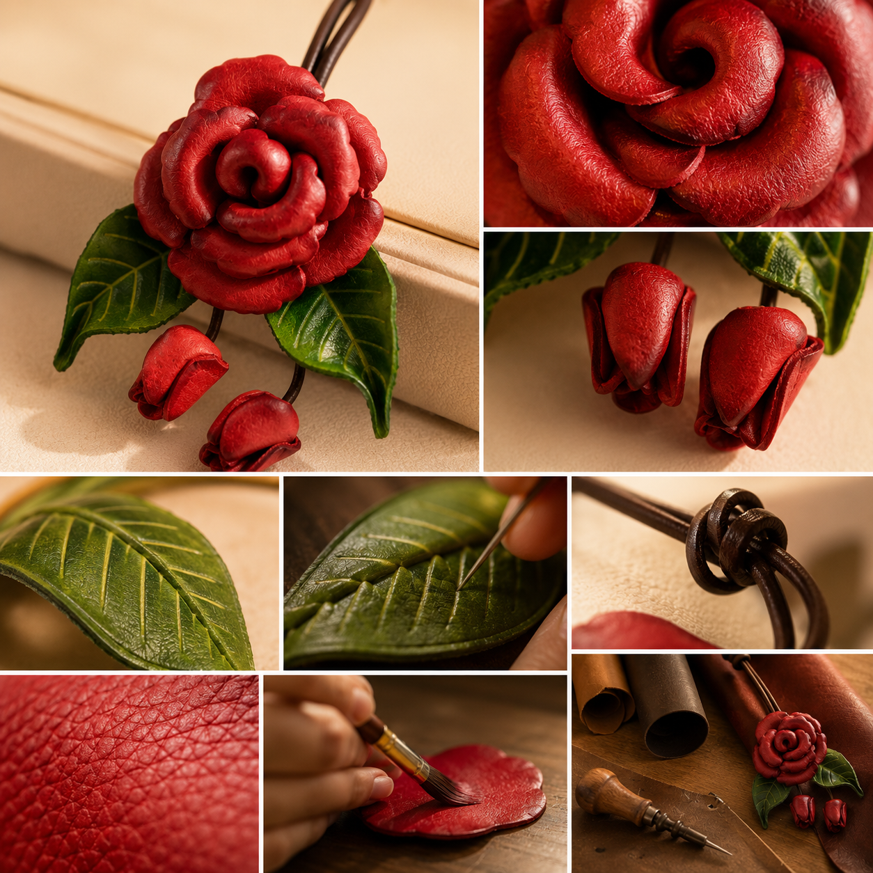 Handmade Leather Rose Bag Charm, craftsmanship details
