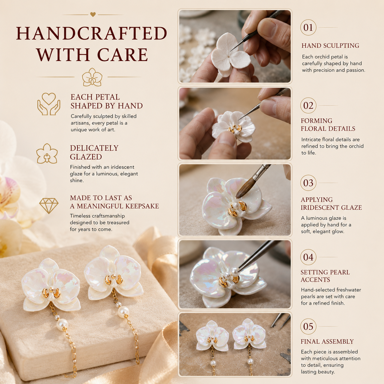 Handmade Porcelain Orchid Earrings, craftsmanship details