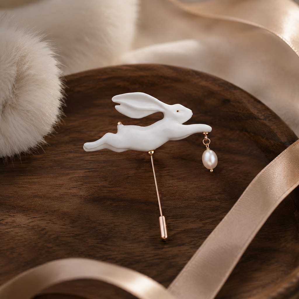Handmade Porcelain Rabbit Brooch with Freshwater Pearl, size and feature guide