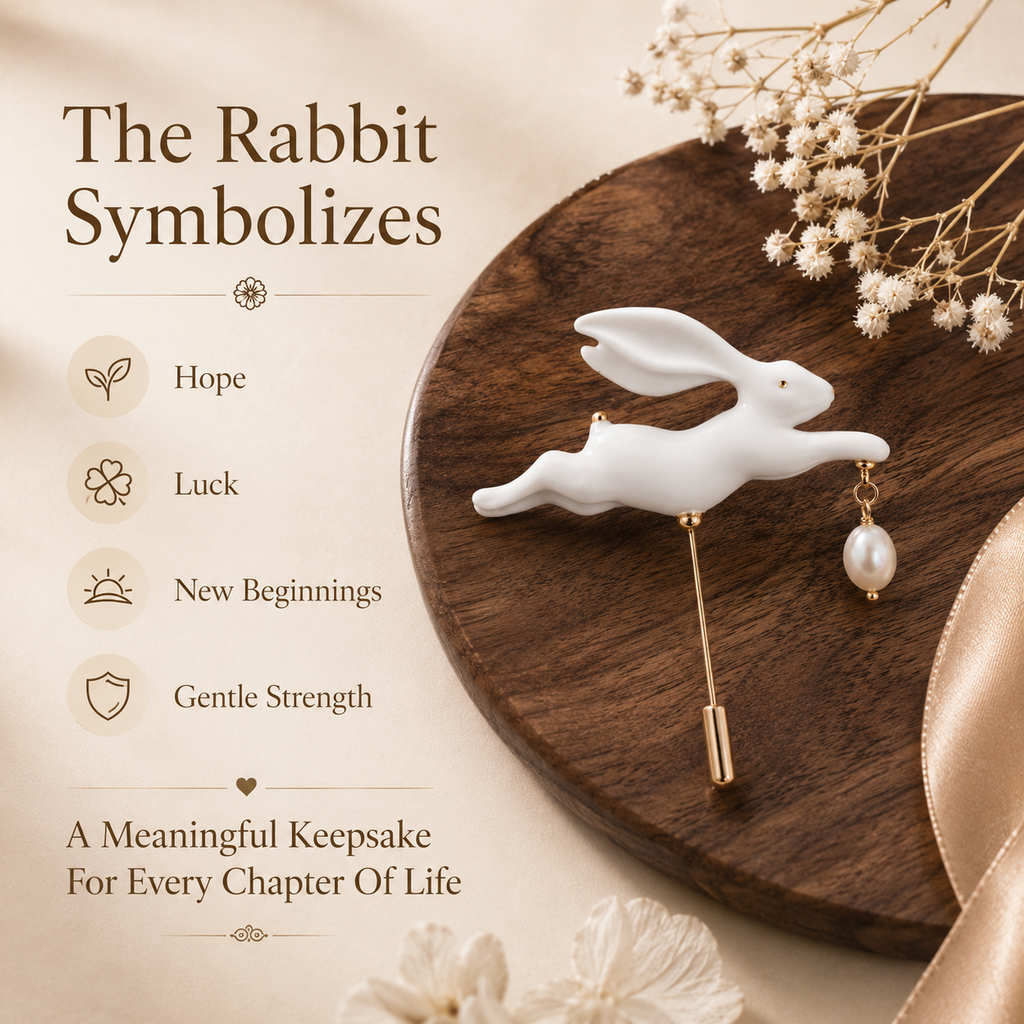 Handmade Porcelain Rabbit Brooch with Freshwater Pearl, lifestyle view