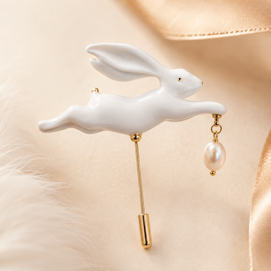 Handmade Porcelain Rabbit Brooch with Freshwater Pearl, product overview