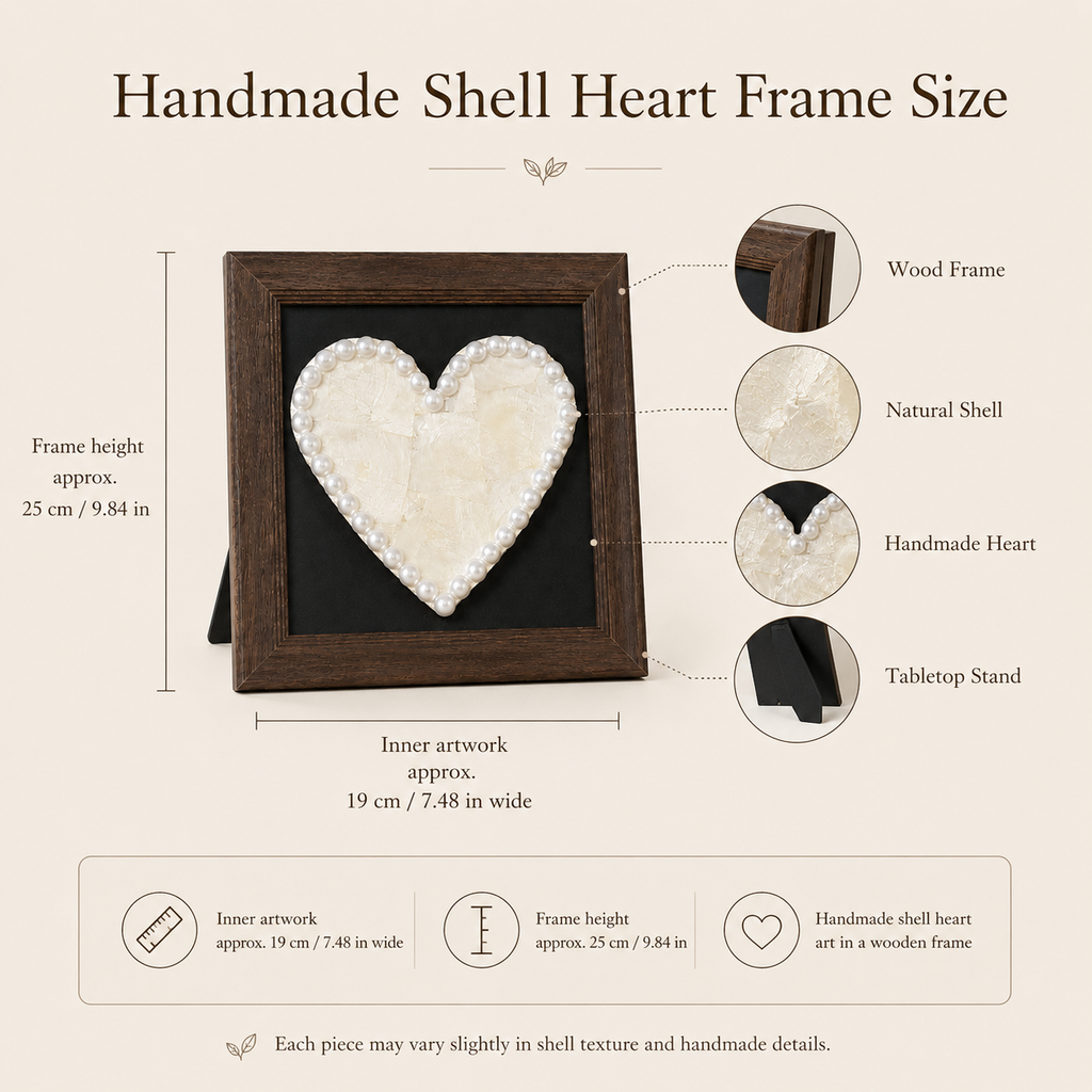 Handmade Shell Heart Wood Frame, size and dimensions infographic