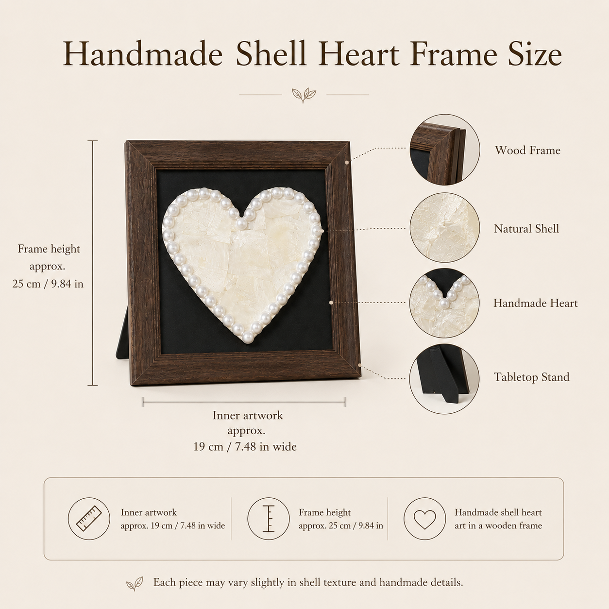Handmade Shell Heart Wood Frame, size and dimensions infographic