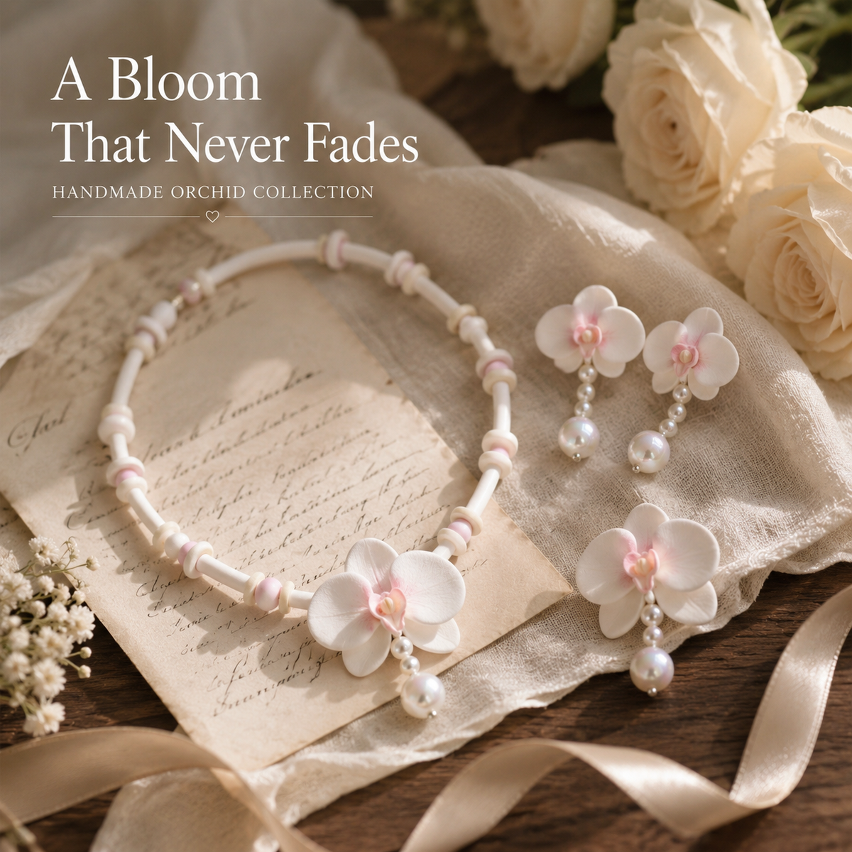 Handmade Soft Clay Orchid Jewelry, lifestyle view