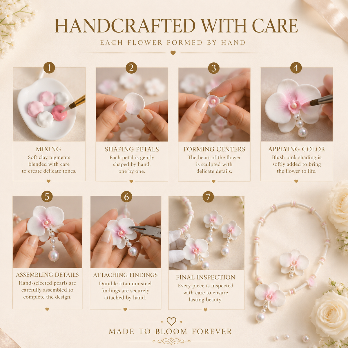 Handmade Soft Clay Orchid Jewelry, craftsmanship details