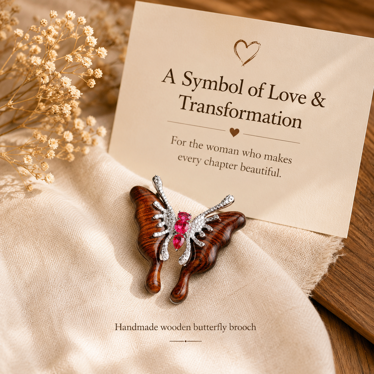 Handmade Wooden Butterfly Brooch – Meaningful Gift for Wife, styled product scene with anniversary-themed props