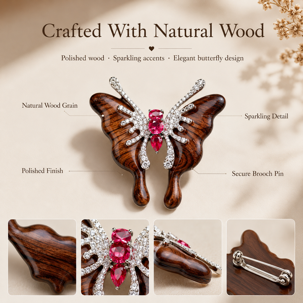 Handmade Wooden Butterfly Brooch – Meaningful Gift for Wife, detail infographic showing materials and construction