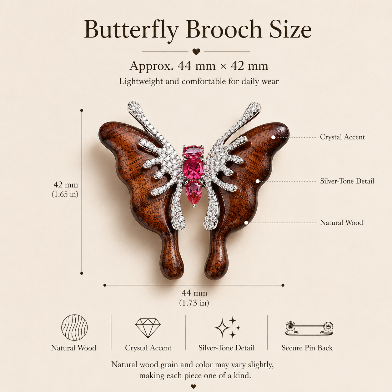 Handmade Wooden Butterfly Brooch – Meaningful Gift for Wife, size and dimensions infographic