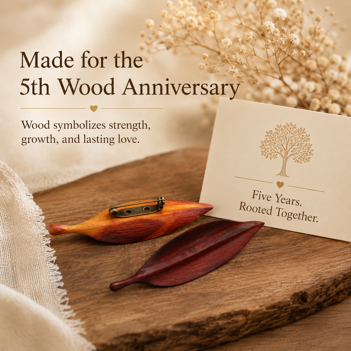 Handmade Wooden Leaf Brooch, styled product scene with anniversary-themed props