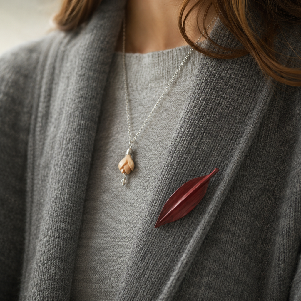 Handmade Wooden Leaf Brooch, shown worn for scale and styling