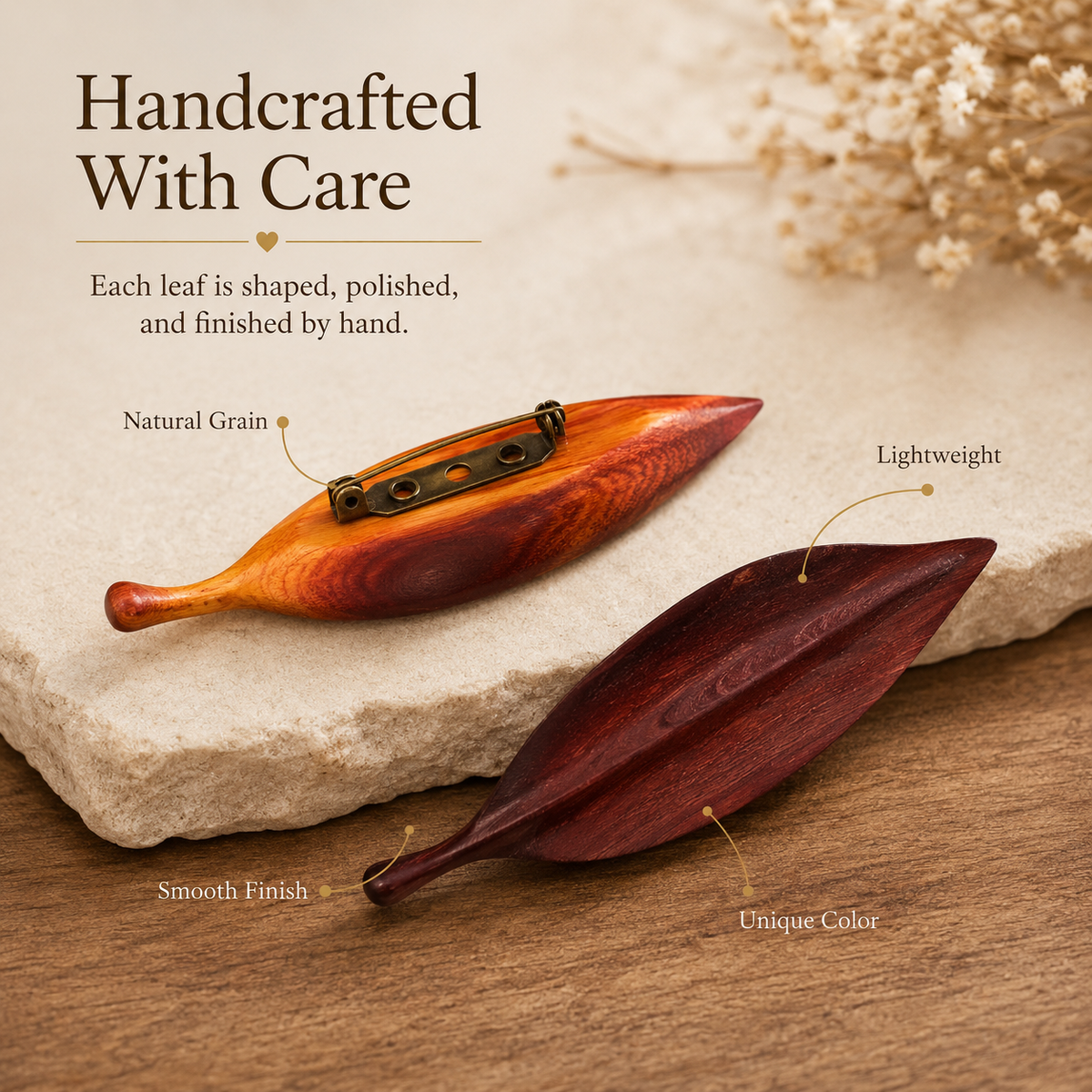 Handmade Wooden Leaf Brooch, detail infographic showing materials and construction