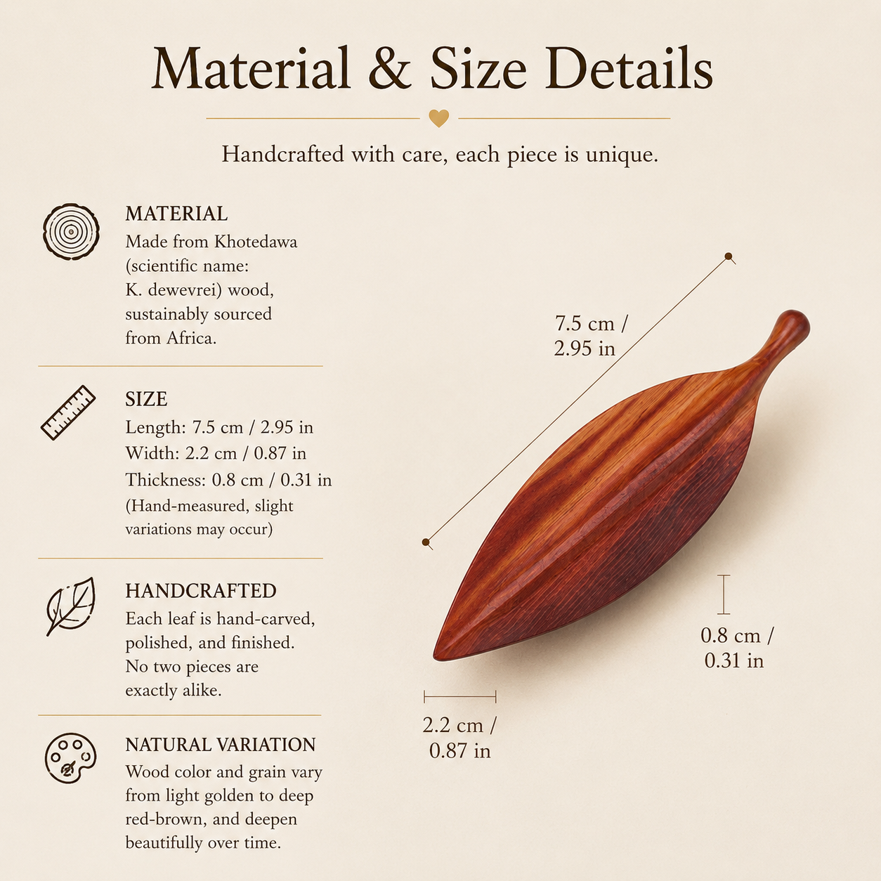 Handmade Wooden Leaf Brooch, size and dimensions infographic