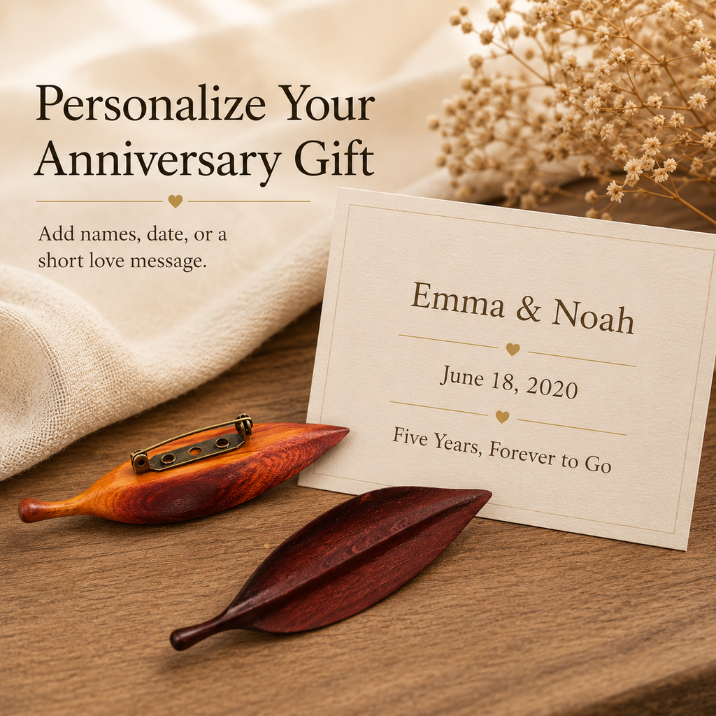 Handmade Wooden Leaf Brooch, personalization and engraving examples