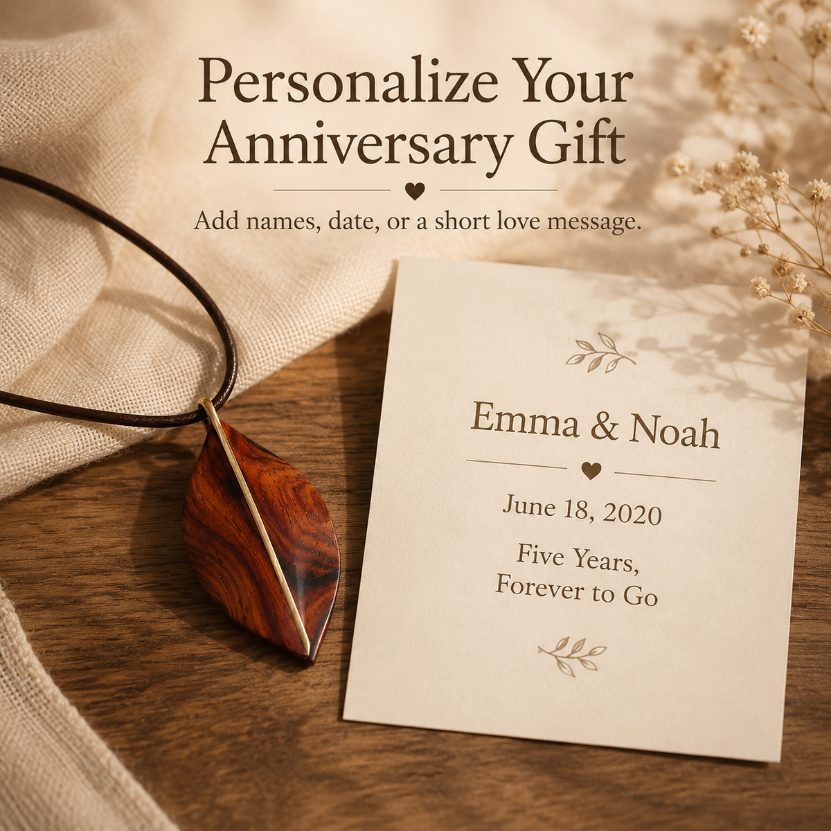 Handmade Wooden Leaf Necklace, personalization and engraving examples