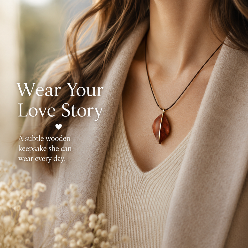 Handmade Wooden Leaf Necklace, shown worn for scale and styling