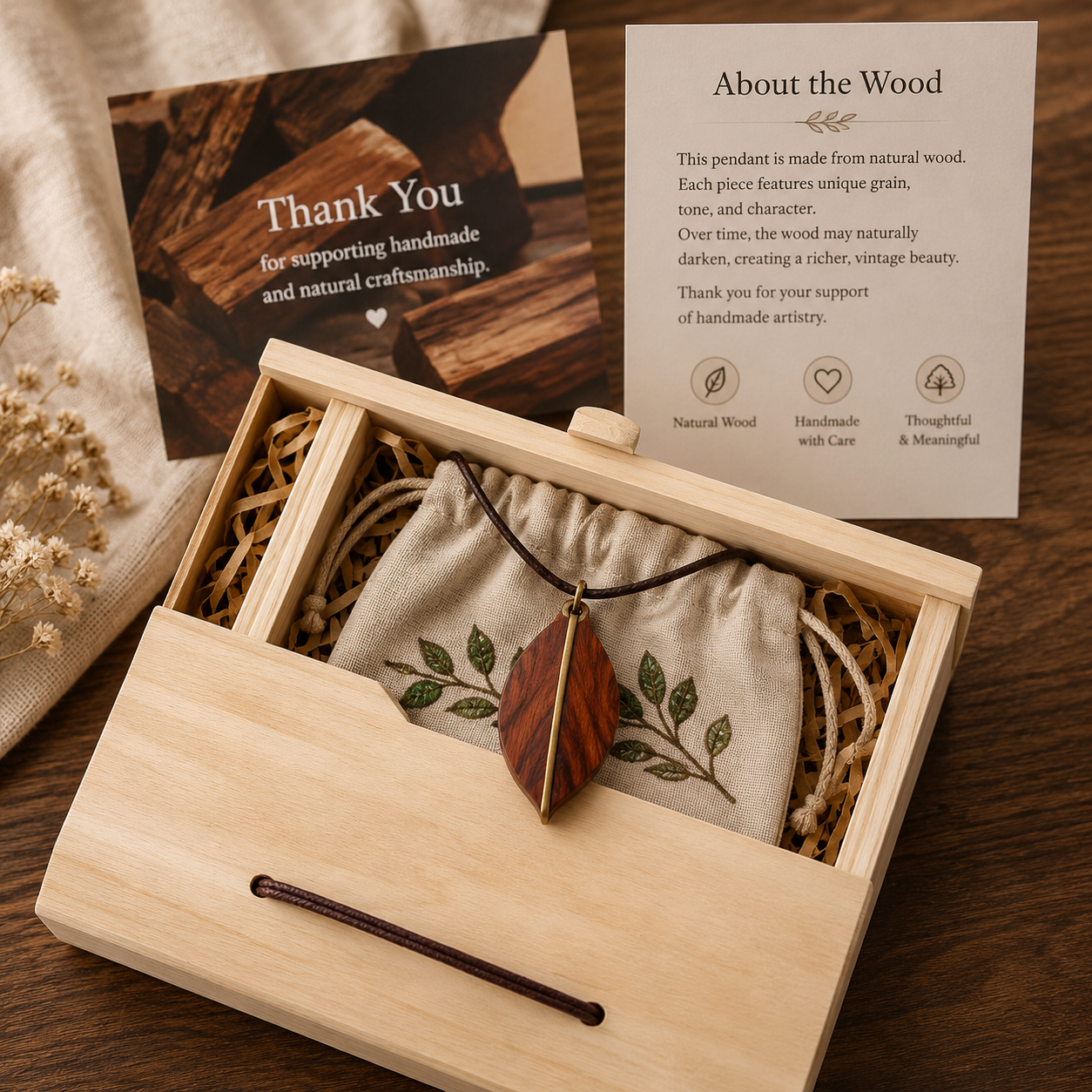 Handmade Wooden Leaf Necklace, presented with its gift box and accessories
