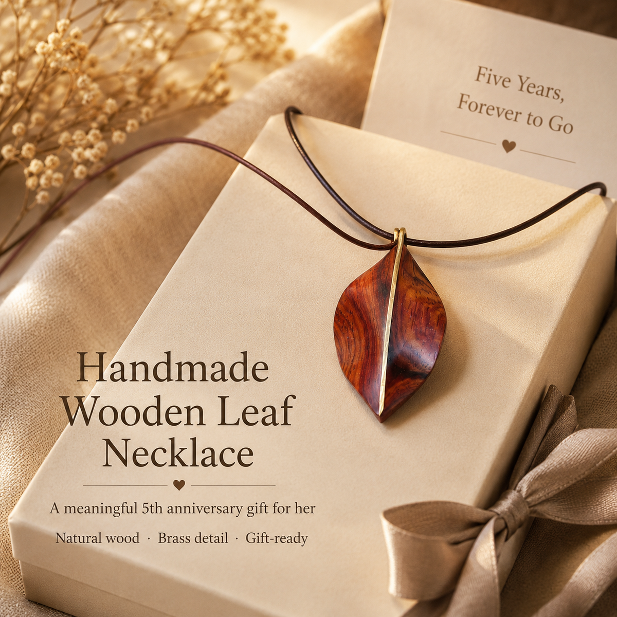 Handmade Wooden Leaf Necklace, styled product scene with anniversary-themed props
