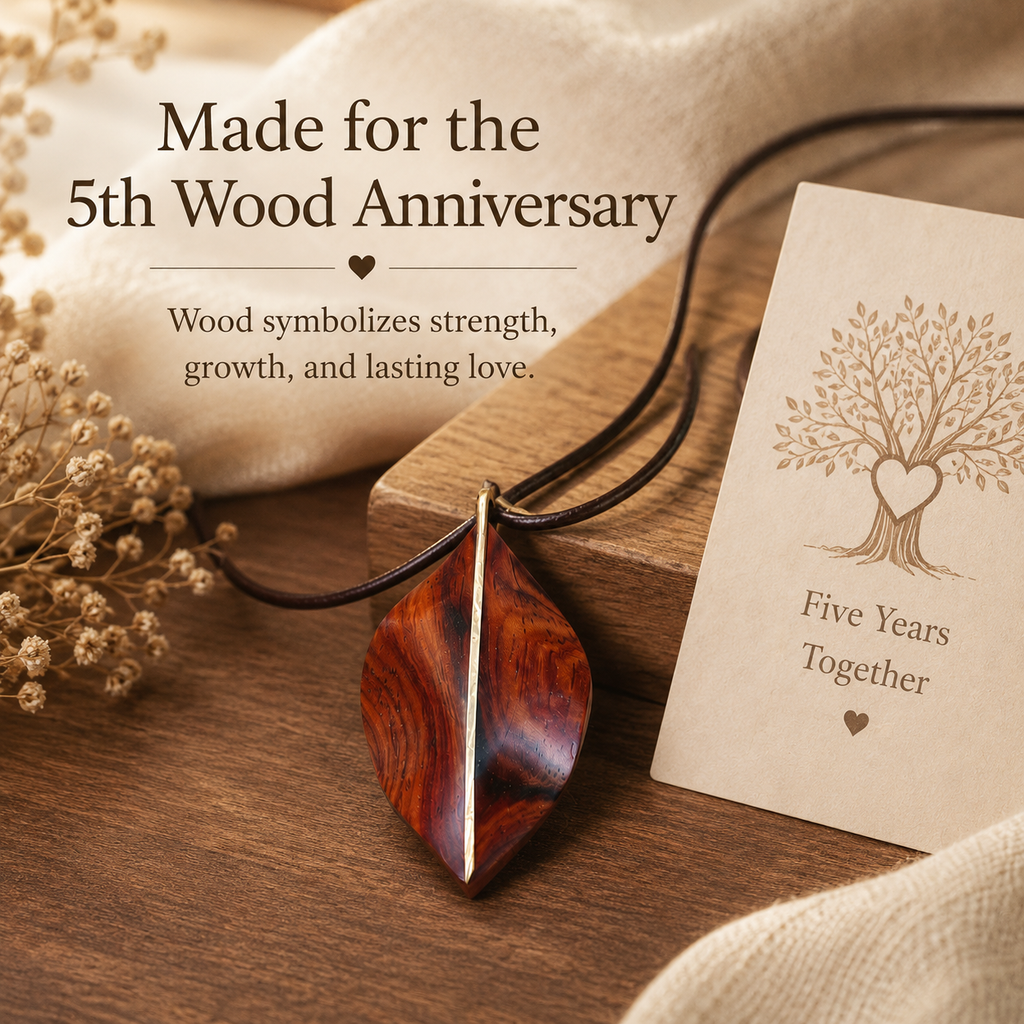 Handmade Wooden Leaf Necklace, styled product scene with anniversary-themed props