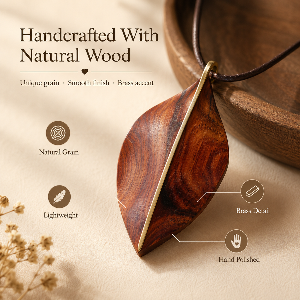 Handmade Wooden Leaf Necklace, detail infographic showing materials and construction