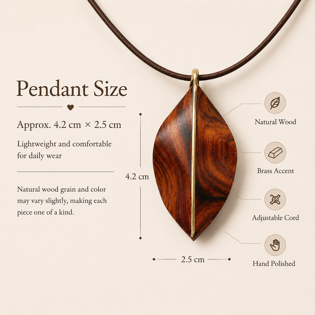 Handmade Wooden Leaf Necklace, size and dimensions infographic