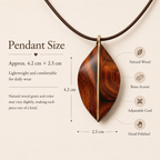 Handmade Wooden Leaf Necklace, size and dimensions infographic