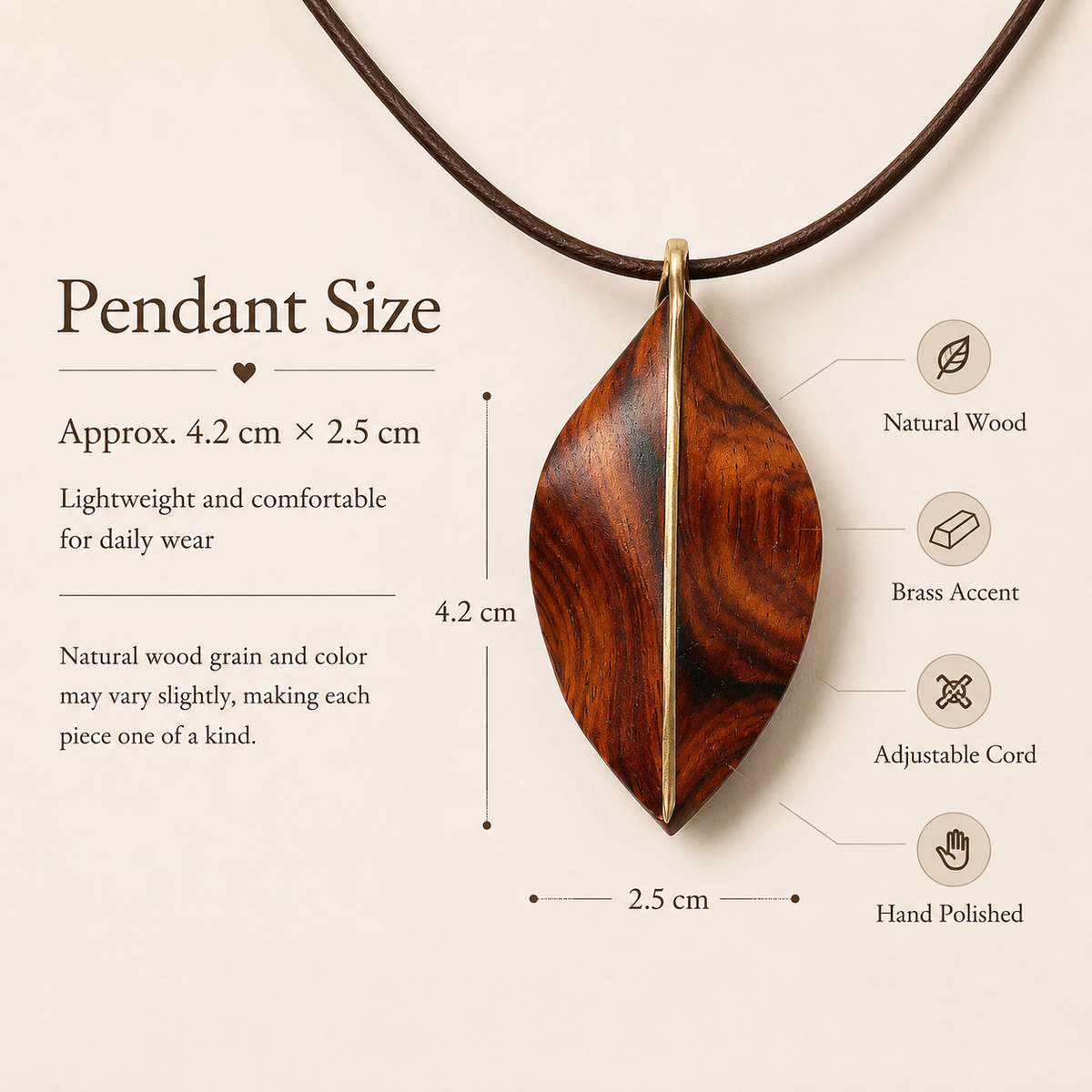 Handmade Wooden Leaf Necklace, size and dimensions infographic