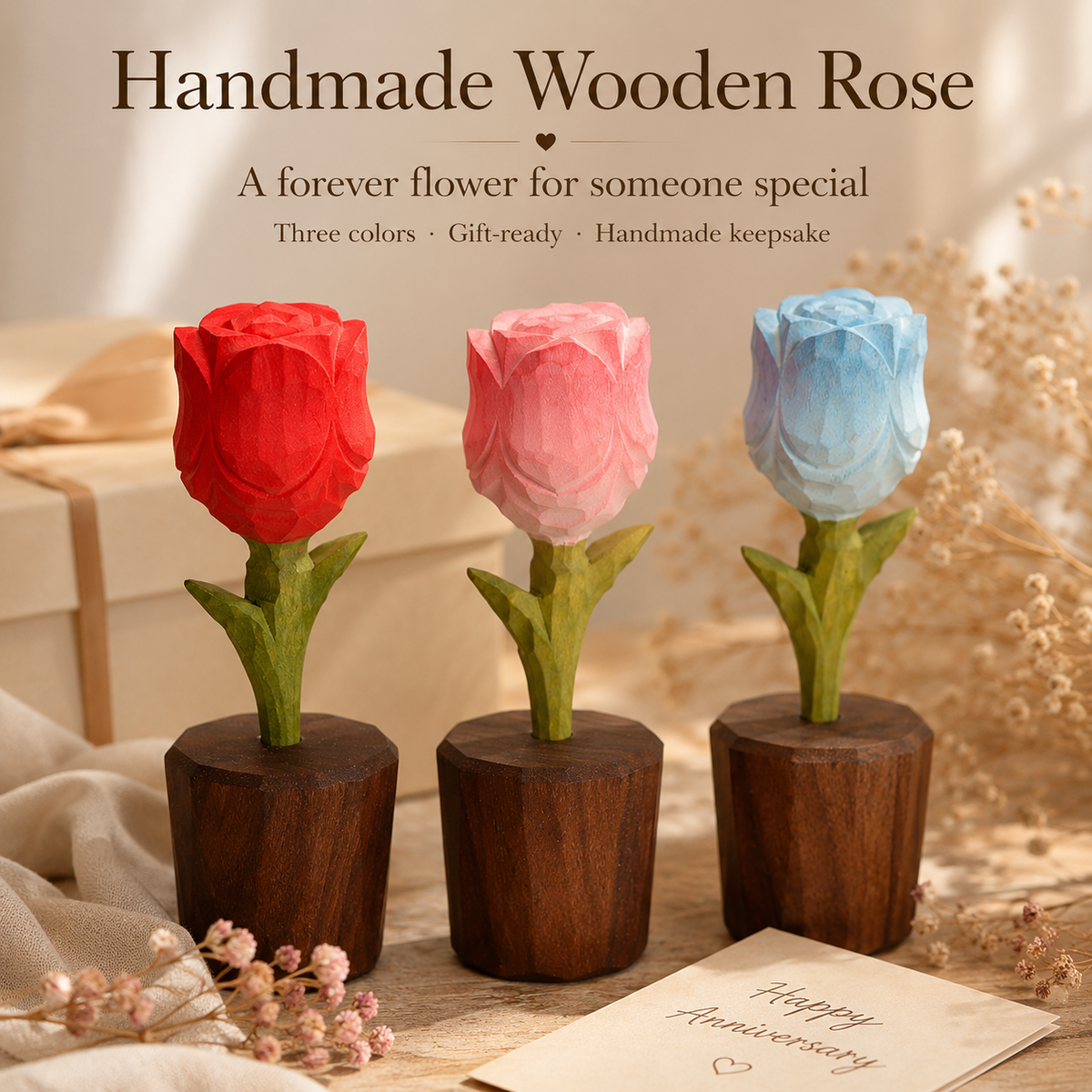 Handmade Wooden Rose, styled product scene with anniversary-themed props