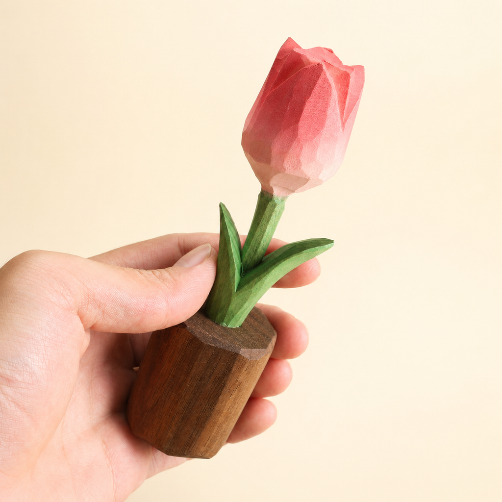 Handmade Wooden Rose, held in hand to show scale and surface detail