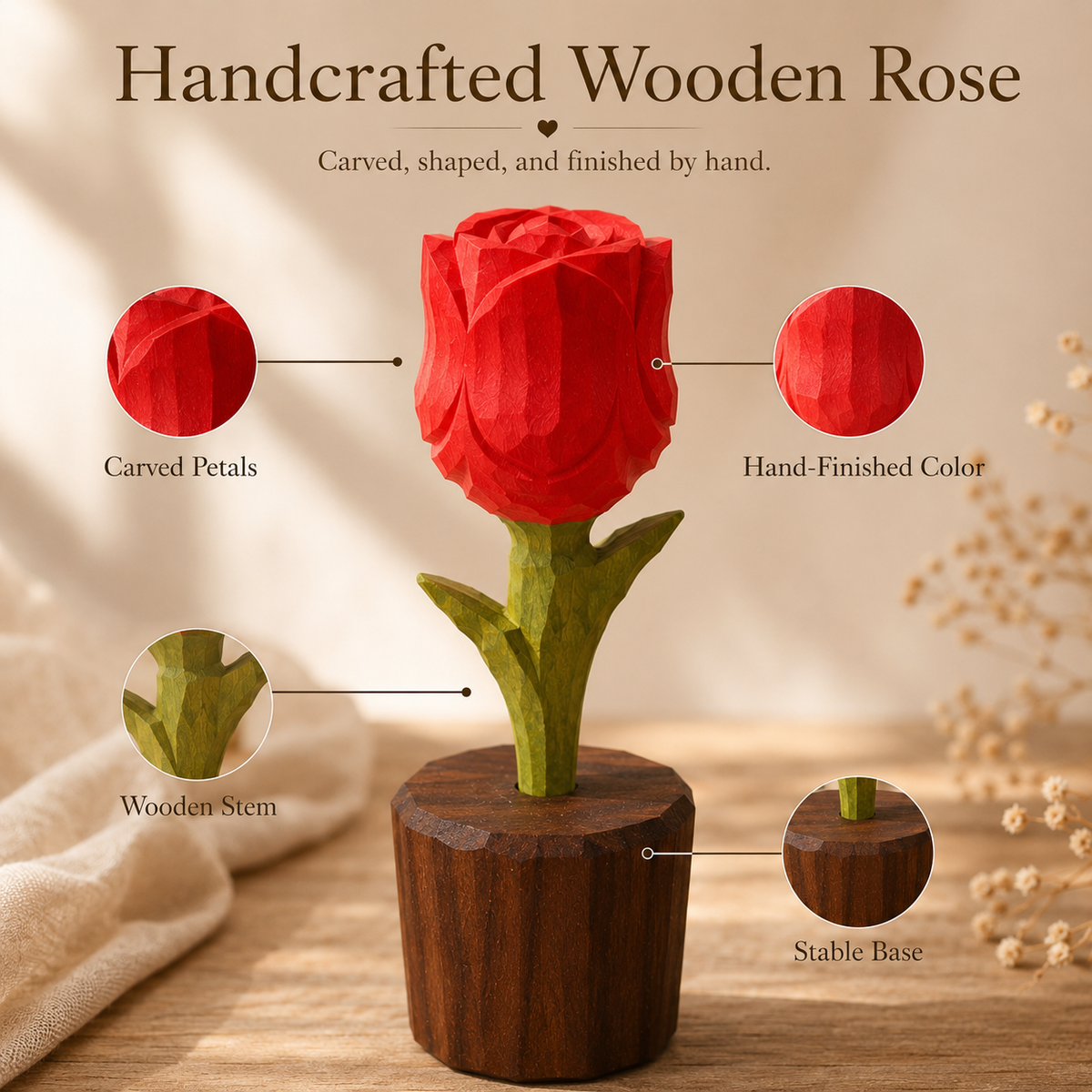 Handmade Wooden Rose, detail infographic showing materials and construction