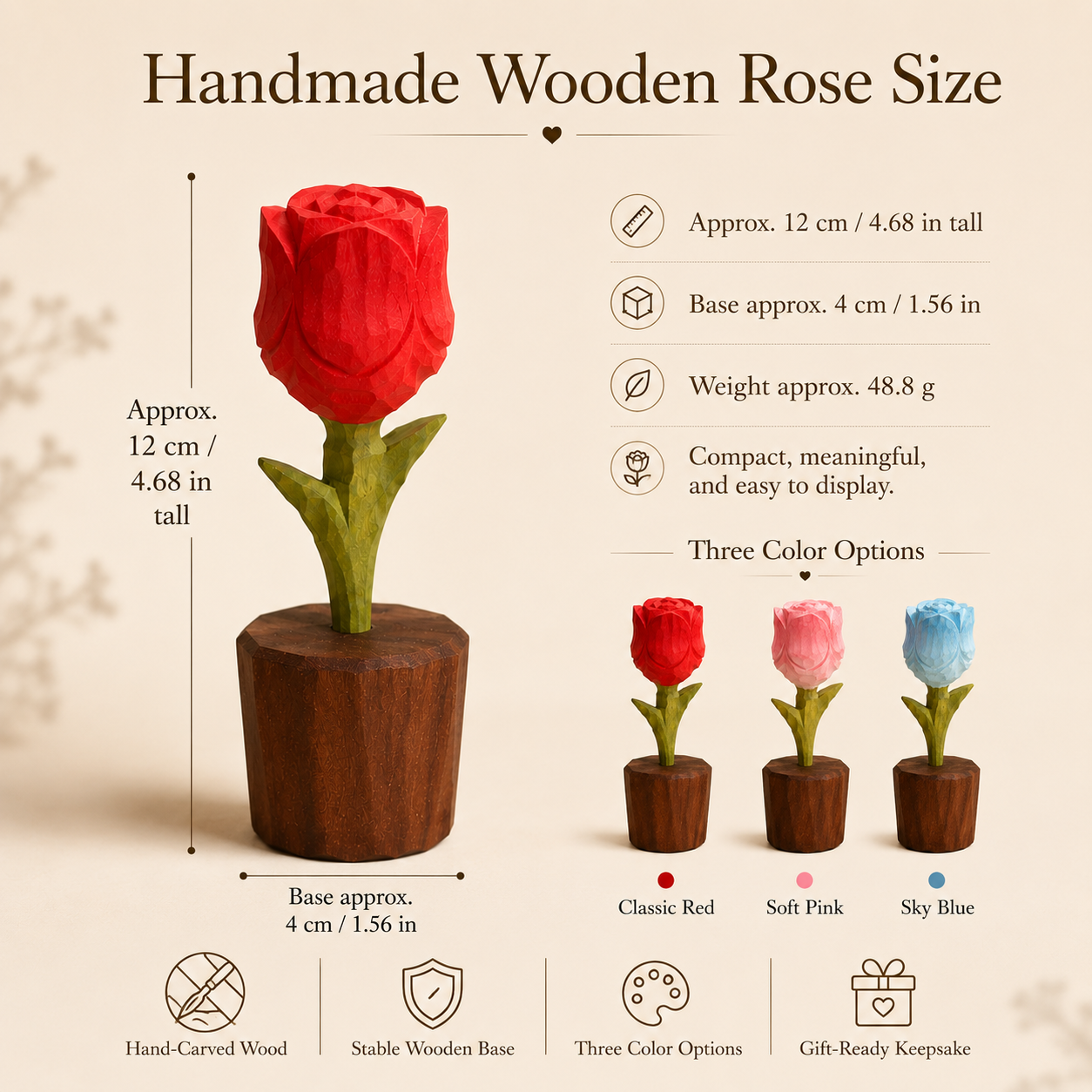 Handmade Wooden Rose, size and dimensions infographic in a clear product gallery view