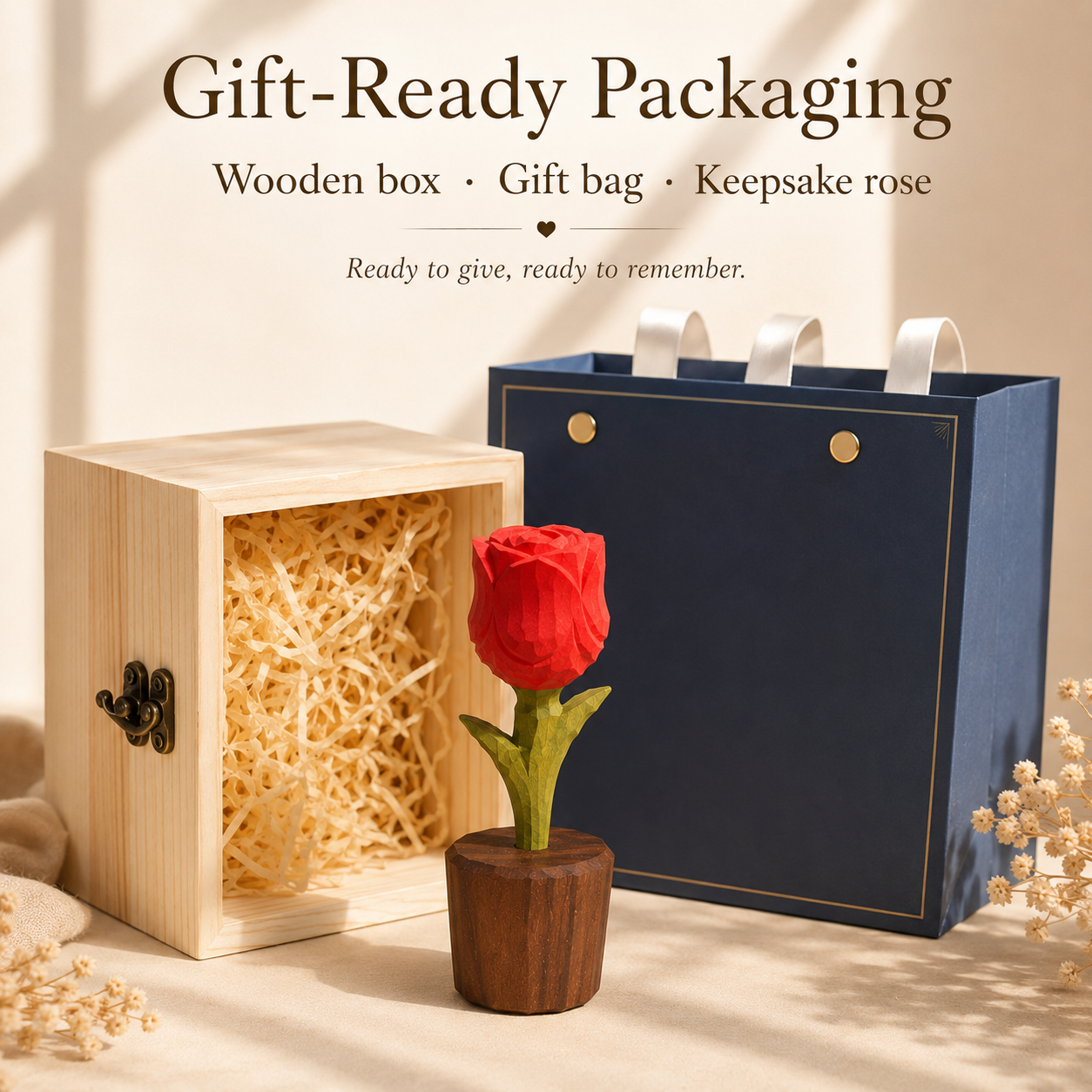 Handmade Wooden Rose, presented with its gift box and accessories