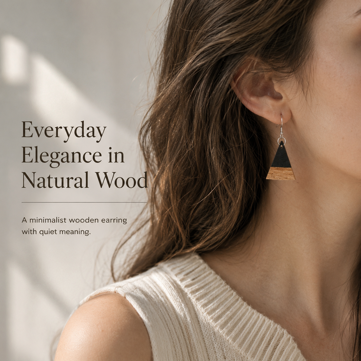 Handmade Wooden Triangle Earrings, shown worn for scale and styling