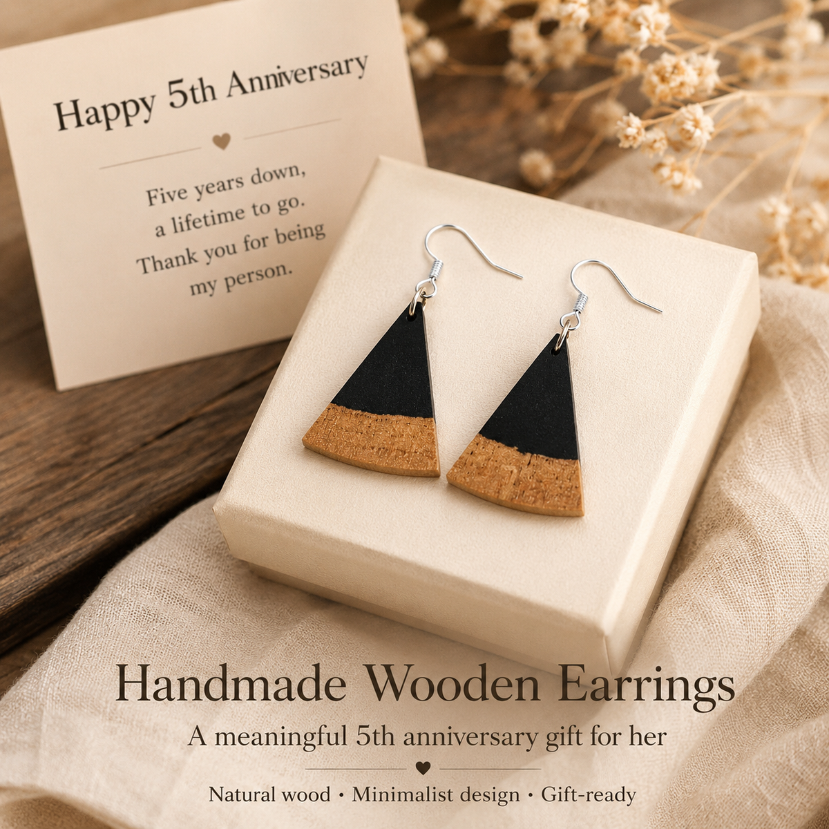 Handmade Wooden Triangle Earrings, styled product scene with anniversary-themed props