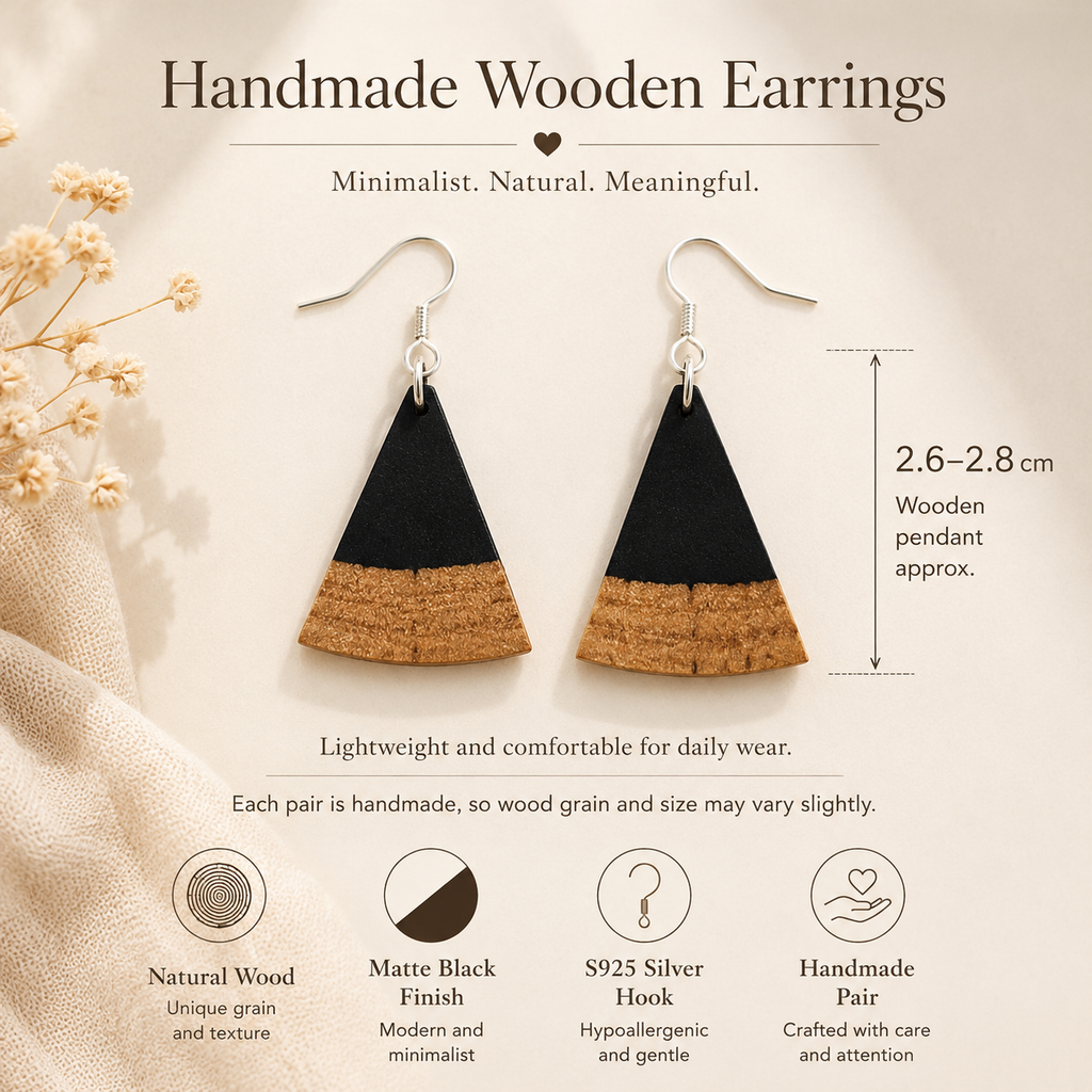 Handmade Wooden Triangle Earrings, size and dimensions infographic