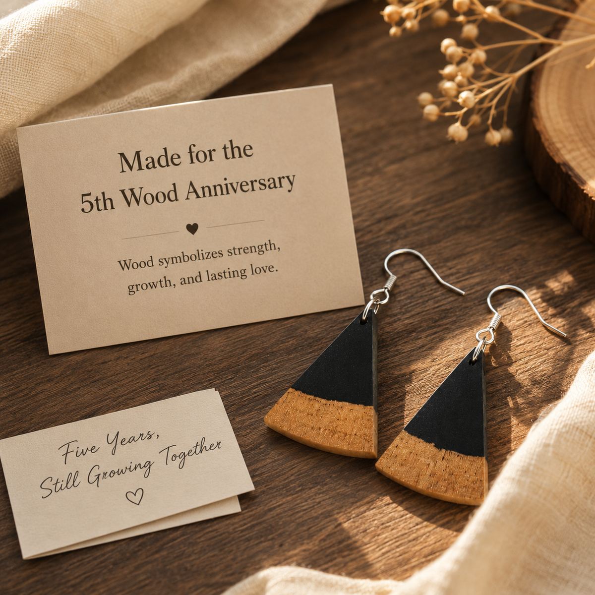 Handmade Wooden Triangle Earrings, product view on a neutral background