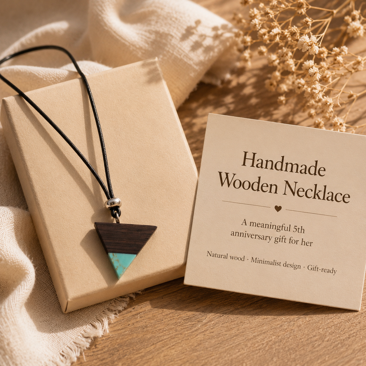 Handmade Wooden Triangle Necklace, shown worn for scale and styling